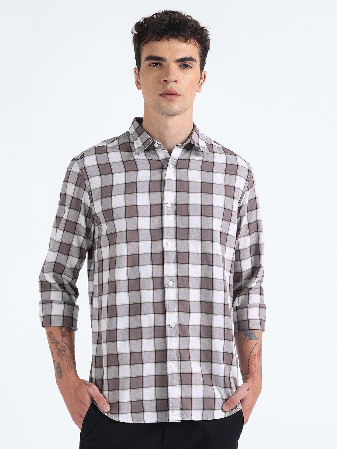 

Flying Machine Men Slim Fit Buffalo Checks Pure Cotton Casual Shirt, Brown