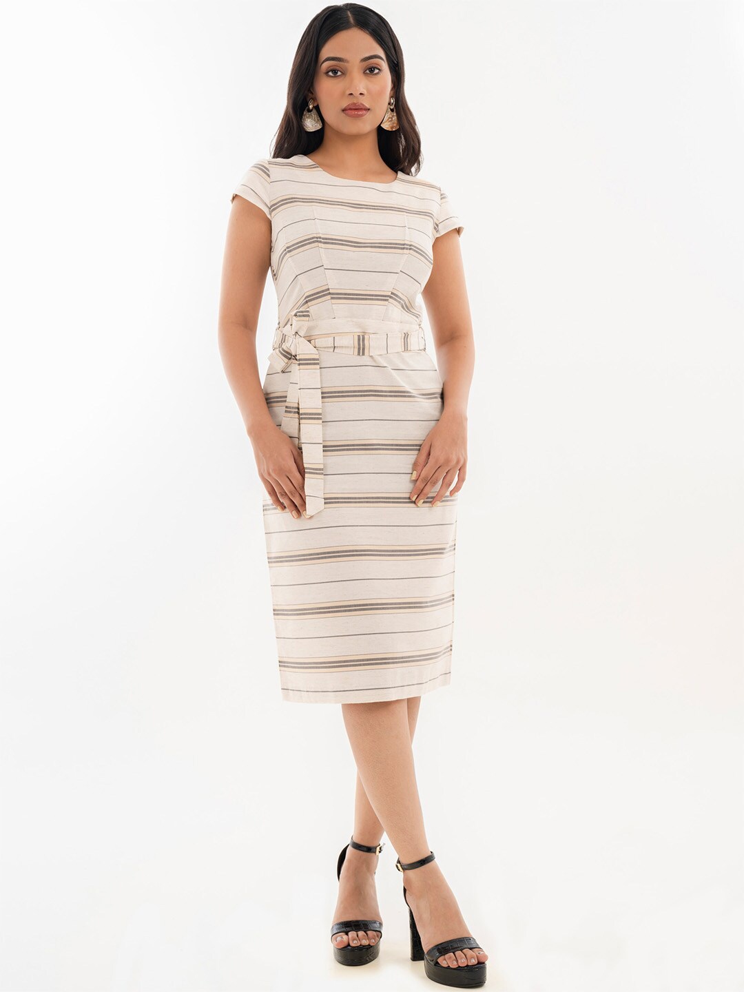 

Halff Grey Striped Tie-Ups Cotton Sheath Dress, Off white