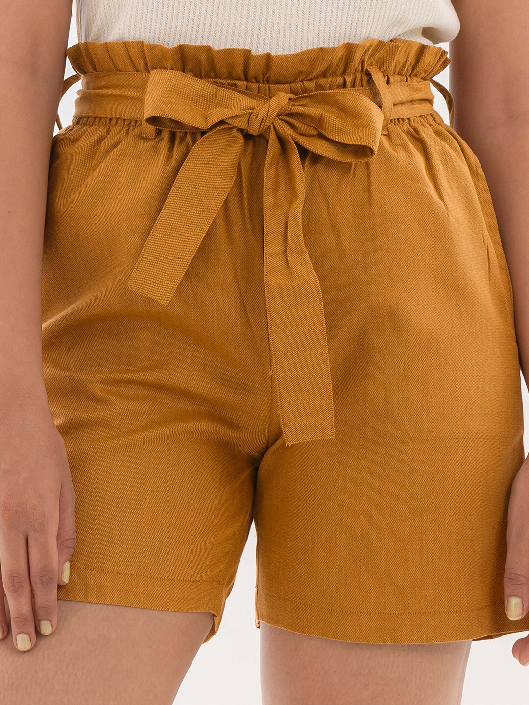 

Halff Grey Women Mid Rise Cotton Shorts, Mustard