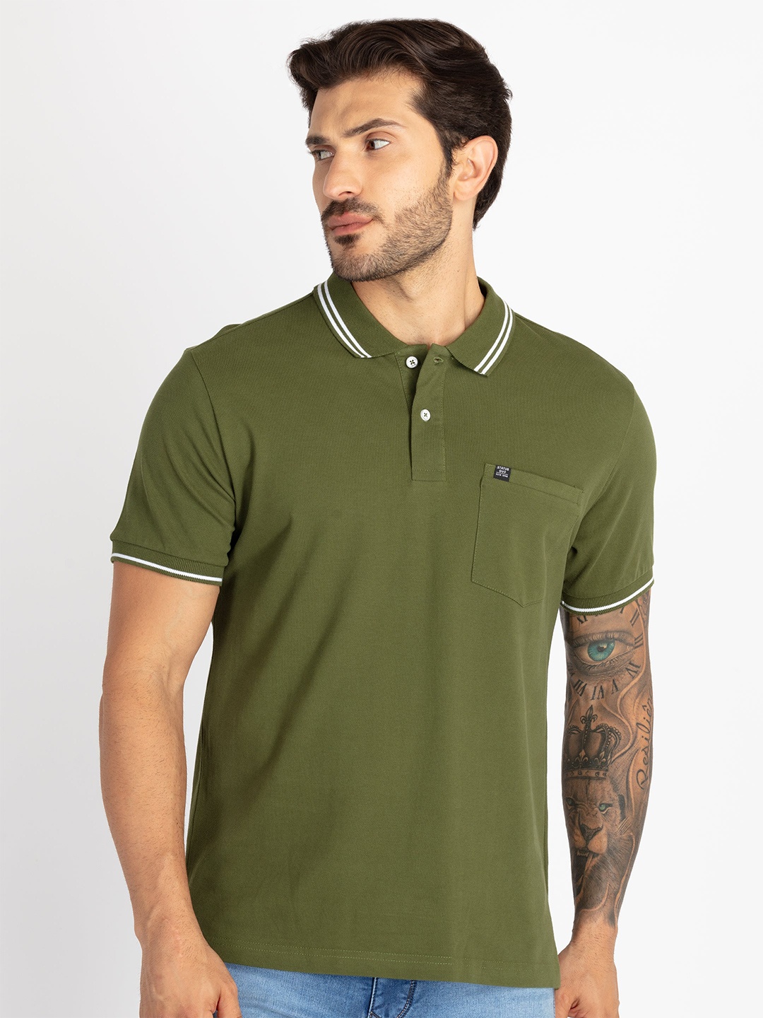 

Status Quo Polo Collar Pure Cotton Pocket Slim Fit T-shirt, Green