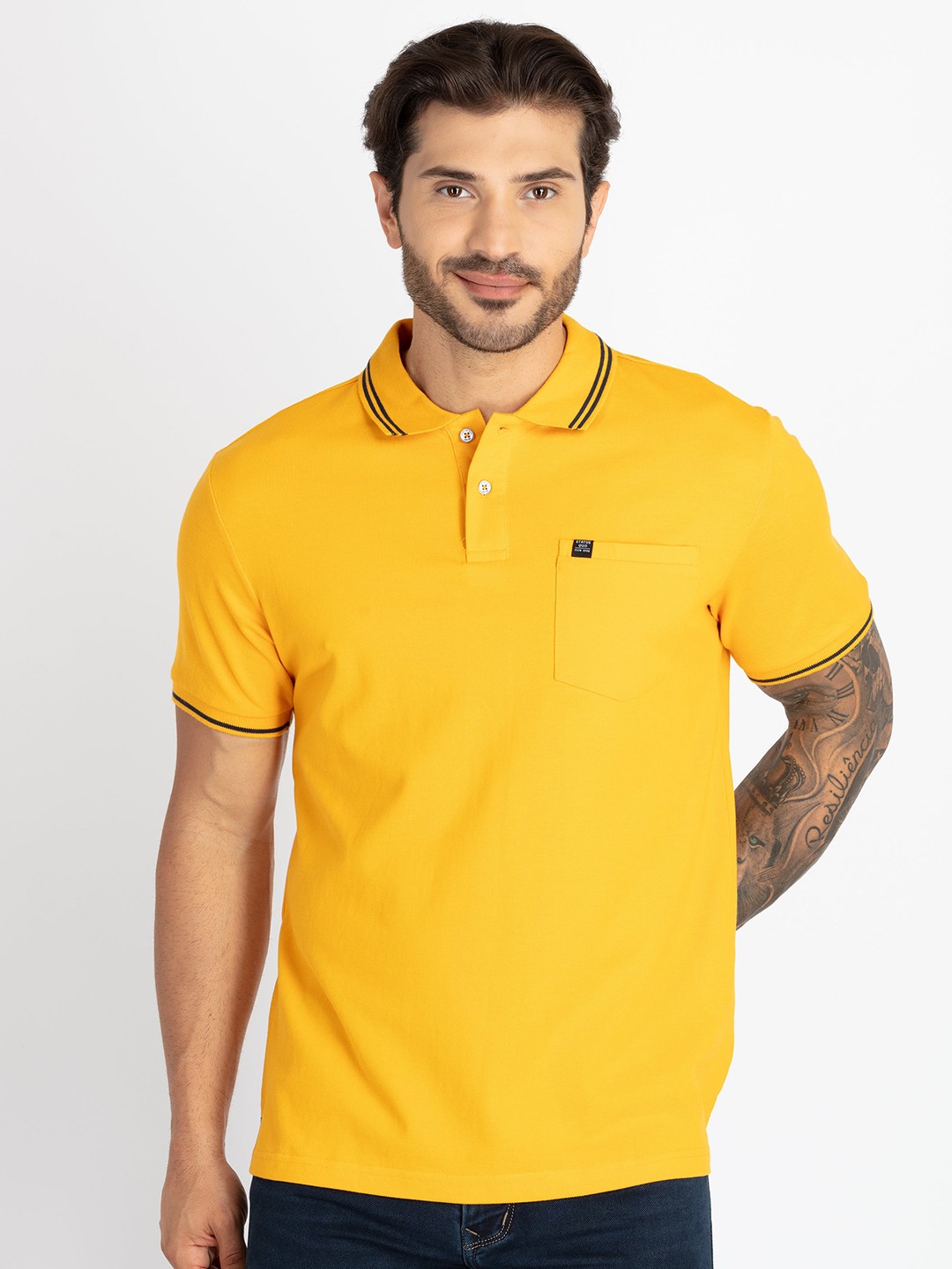 

Status Quo Polo Collar Pure Cotton Pocket Slim Fit T-shirt, Gold
