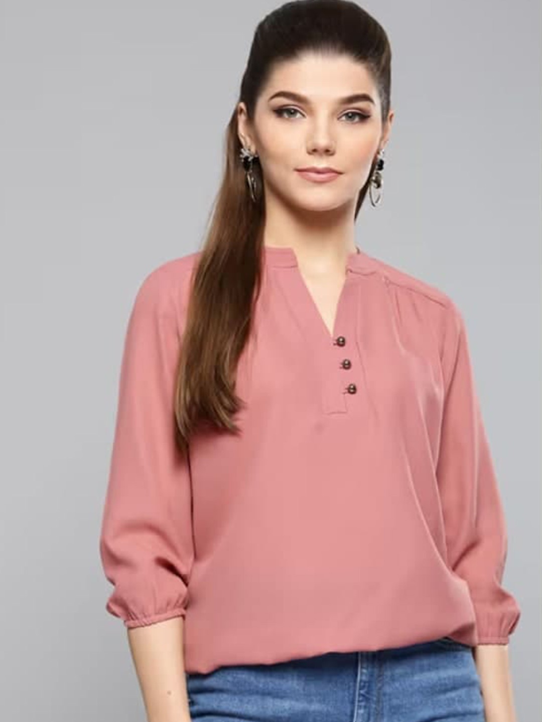

BAESD Mandarin Collar Puff Sleeves Top, Pink