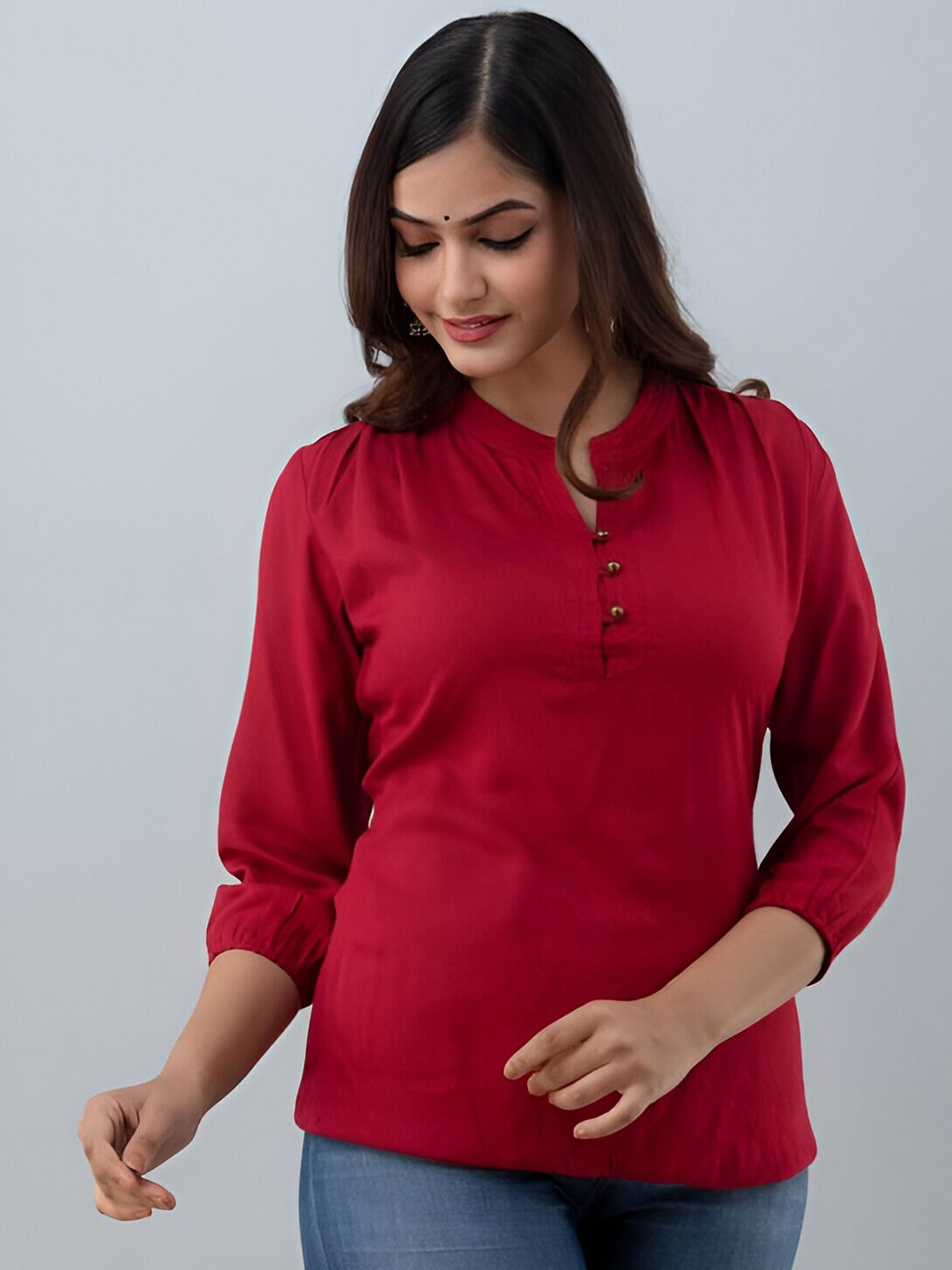 

BAESD Mandarin Collar Puff Sleeves Top, Maroon