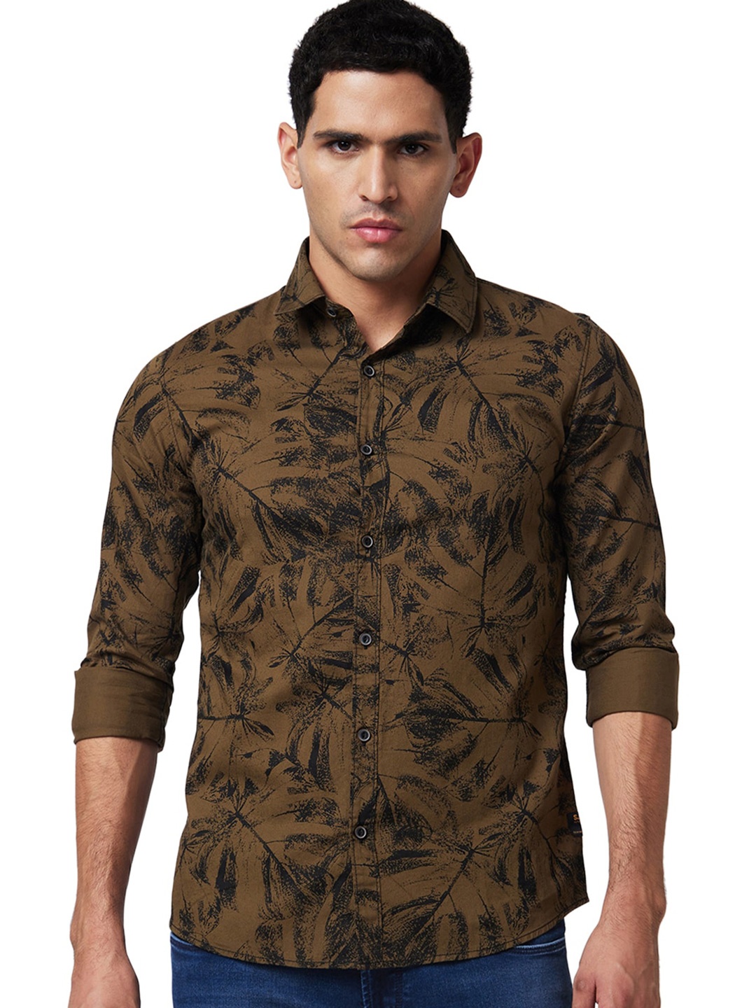 

SPYKAR Spread Collar Long Sleeves Slim Fit Printed Cotton Casual Shirt, Green