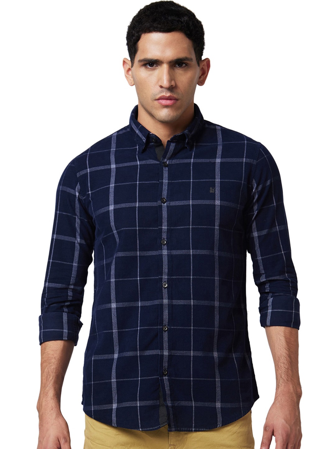 

SPYKAR Button Down Collar Long Sleeves Slim Fit Windowpane Checks Cotton Casual Shirt, Blue