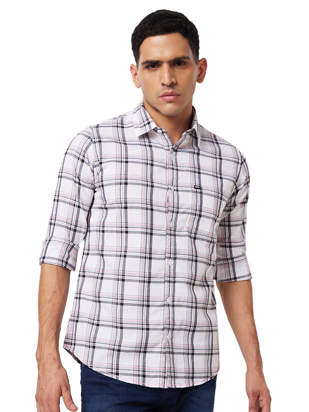 

SPYKAR Slim Fit Tartan Checks Opaque Cotton Casual Shirt, White