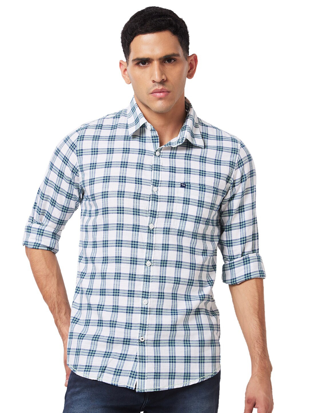 

SPYKAR Spread Collar Long Sleeves Slim Fit Cotton Checked Casual Shirt, Green