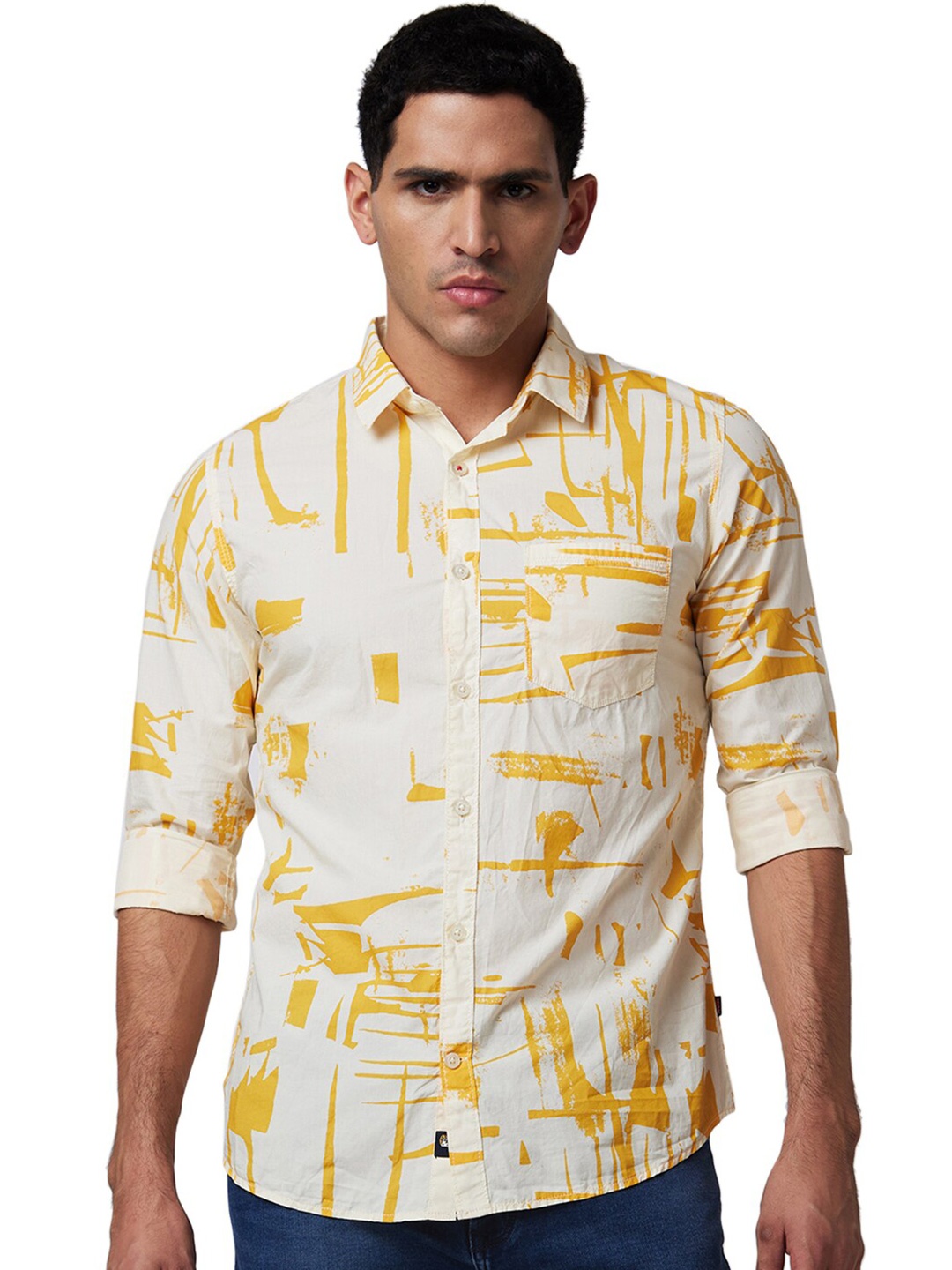 

SPYKAR Printed Spread Collar Slim Fit Cotton Casual Shirt, Yellow