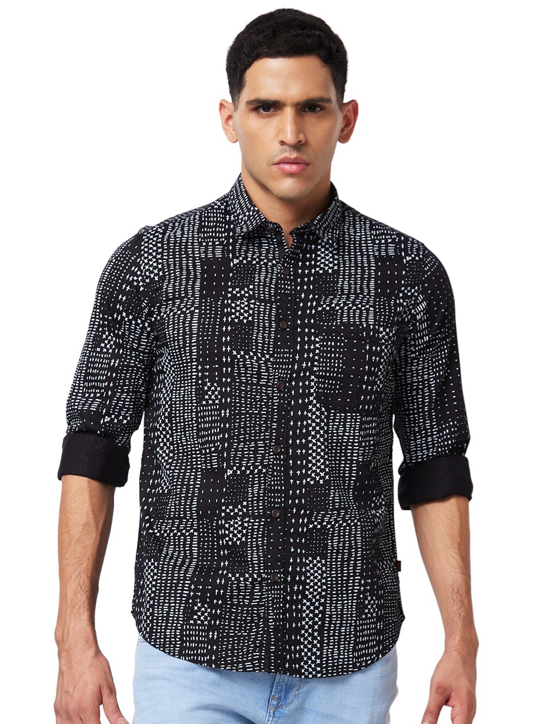 

SPYKAR Plus Size Abstract Printed Spread Collar Slim Fit Casual Shirt, Black
