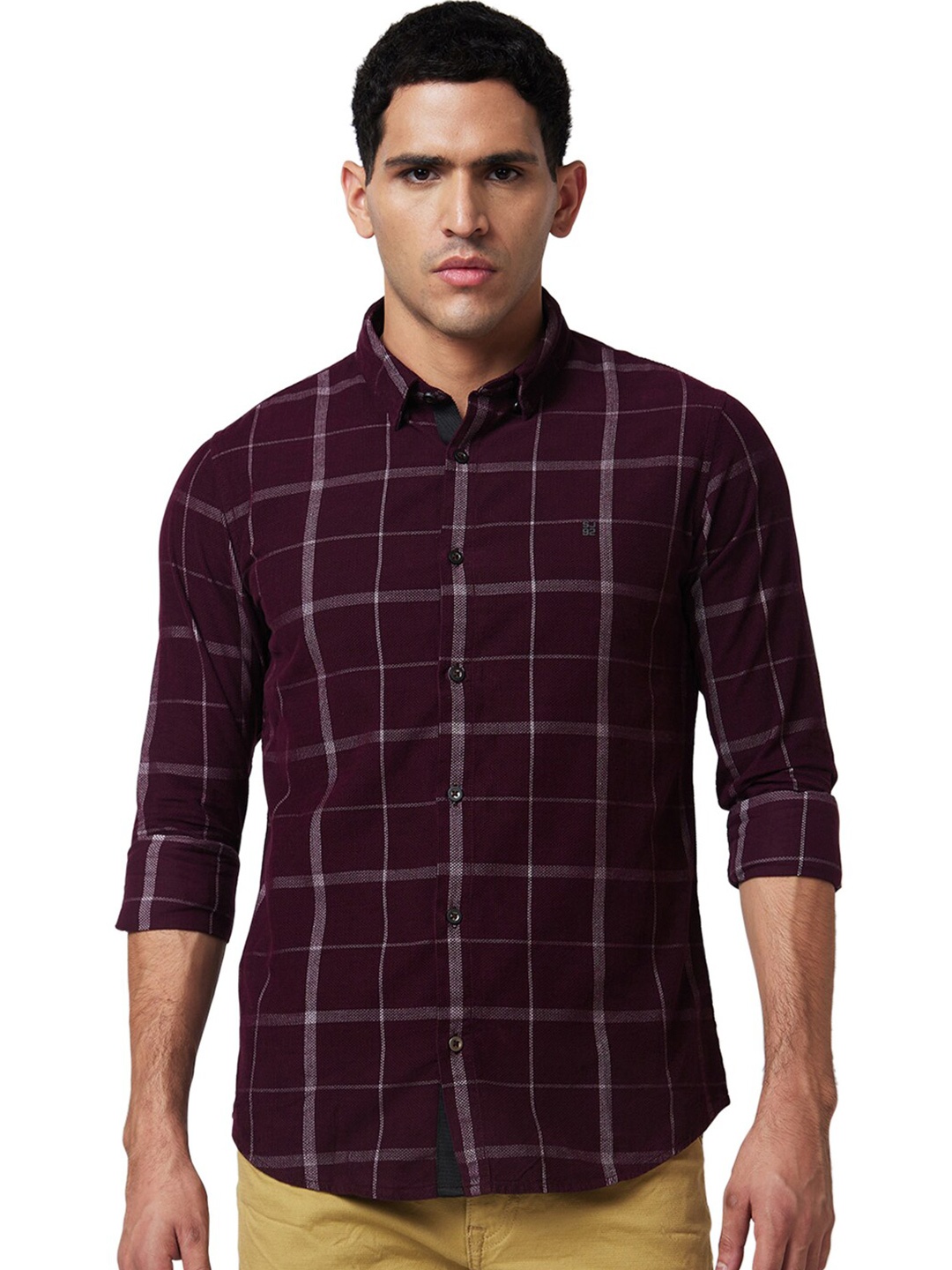 

SPYKAR Slim Fit Windowpane Checks Opaque Checked Cotton Casual Shirt, Red