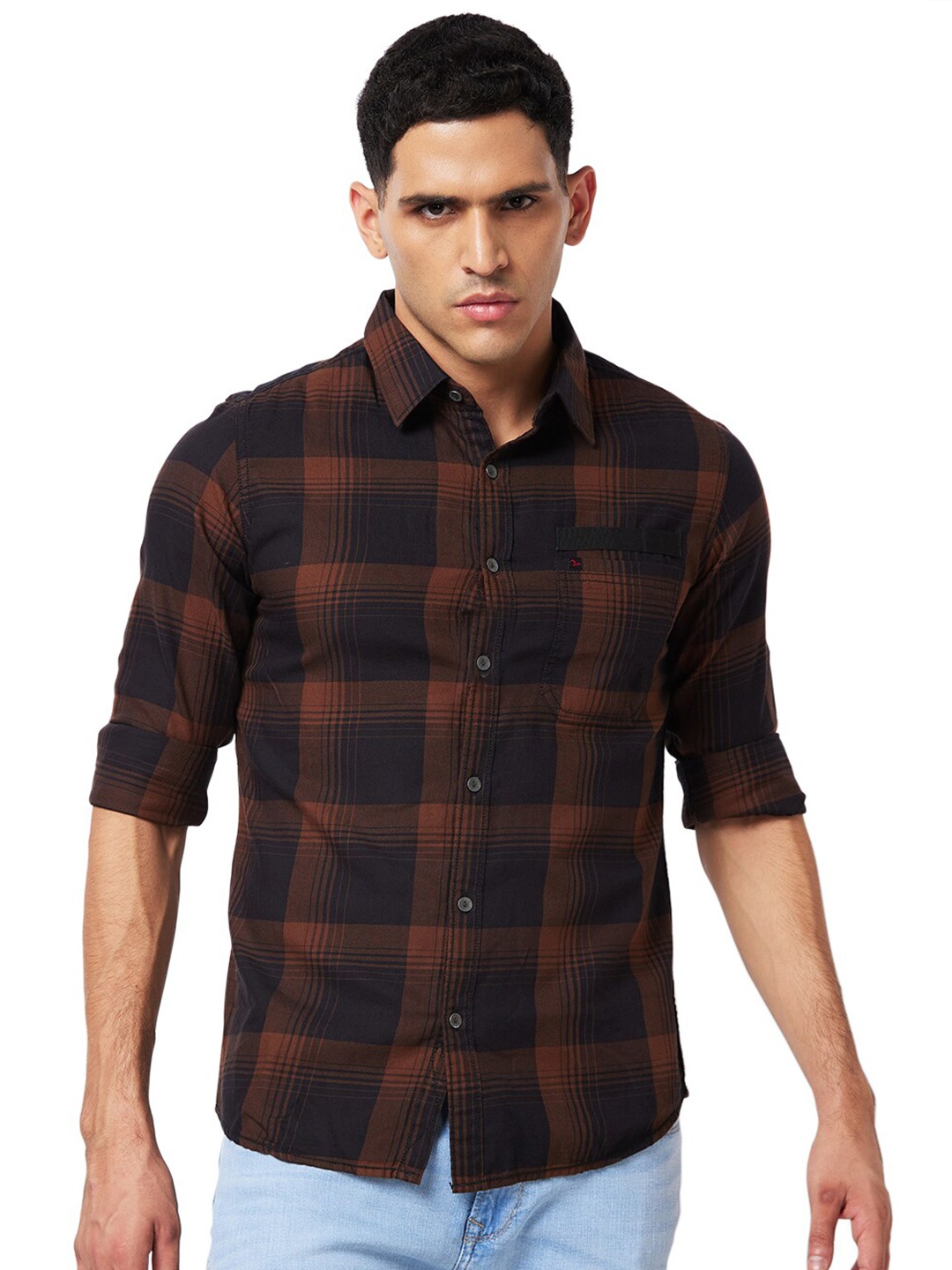 

SPYKAR Slim Fit Opaque Checked Cotton Casual Shirt, Brown