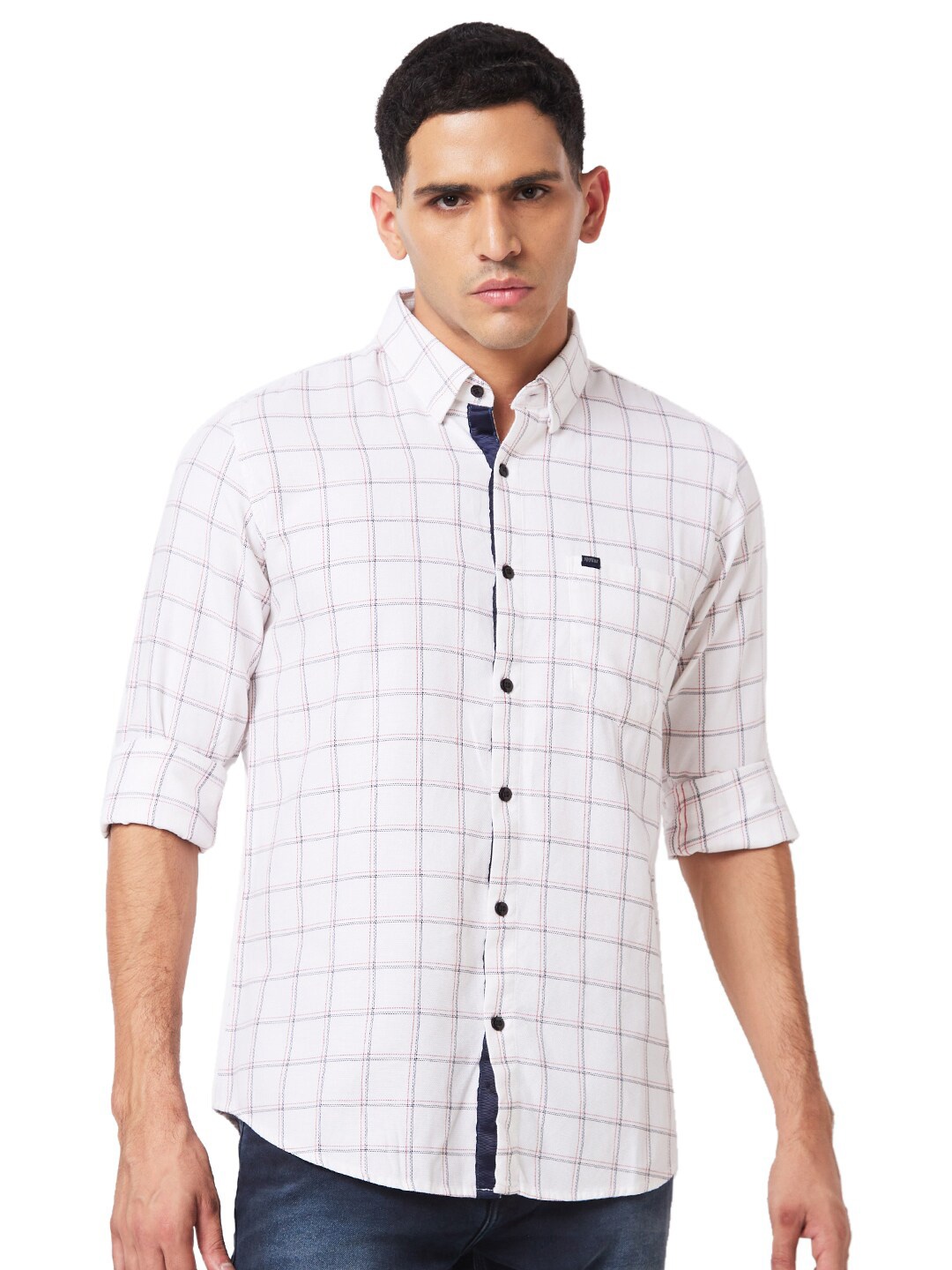 

SPYKAR Button-Down Collar Long Sleeves Slim Fit Checked Cotton Casual Shirt, White