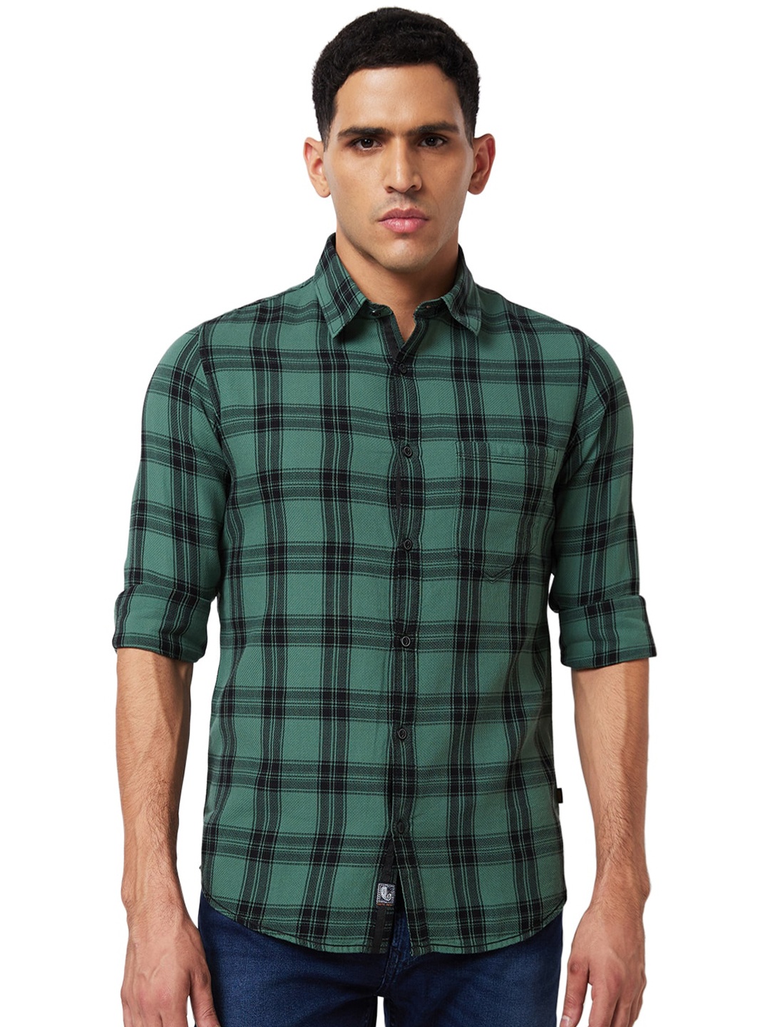 

SPYKAR Spread Collar Slim Fit Checked Cotton Casual Shirt, Green