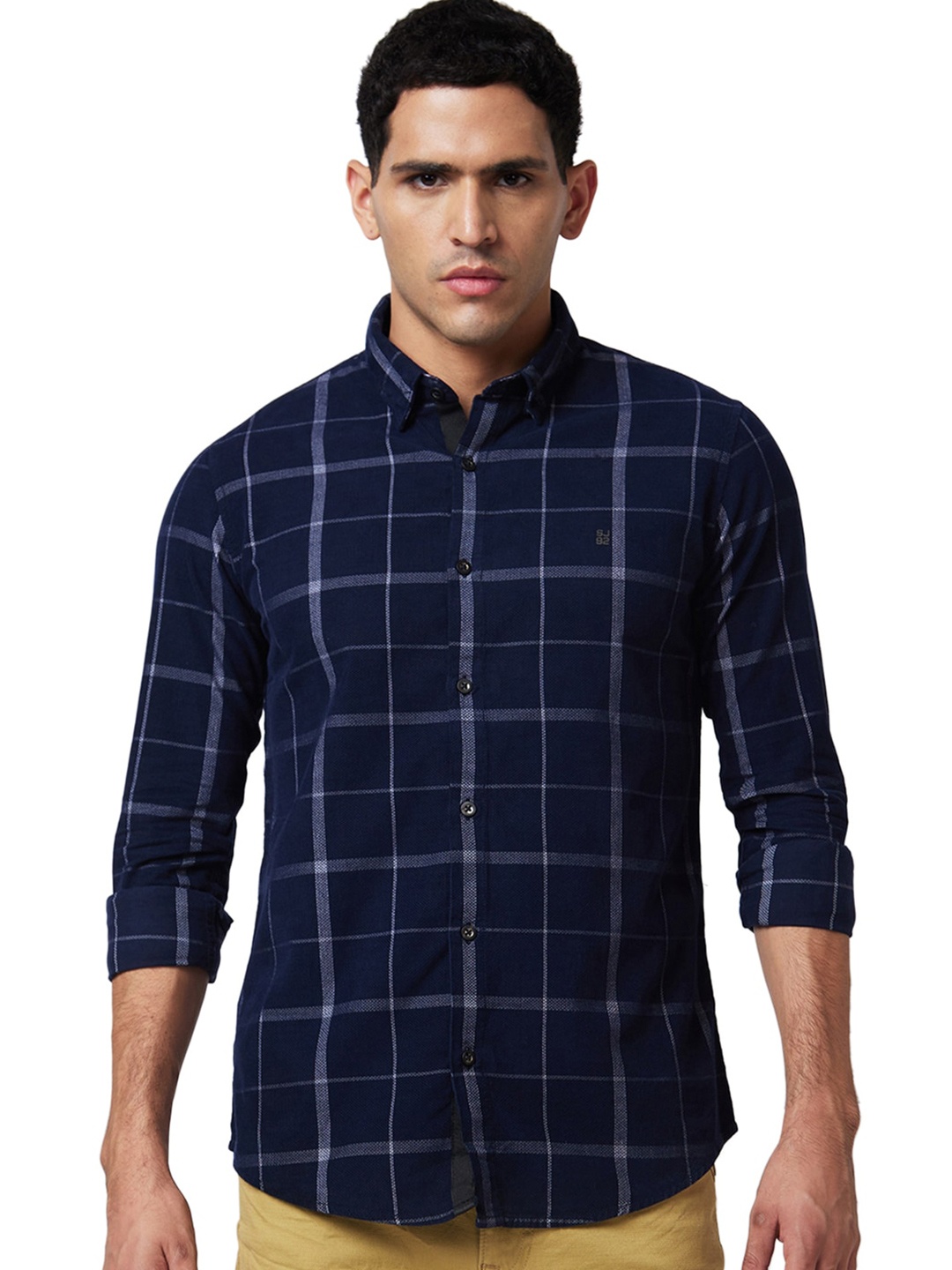 

SPYKAR Windowpane Checks Button-Down Collar Slim Fit Cotton Casual Shirt, Blue