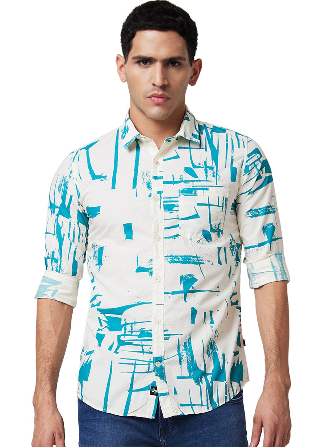 

SPYKAR Slim Fit Opaque Printed Cotton Casual Shirt, Blue