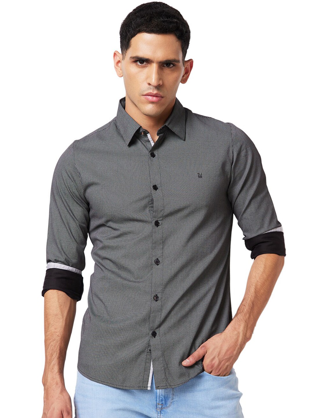 

SPYKAR Micro Ditsy Printed Slim Fit Cotton Opaque Casual Shirt, Black