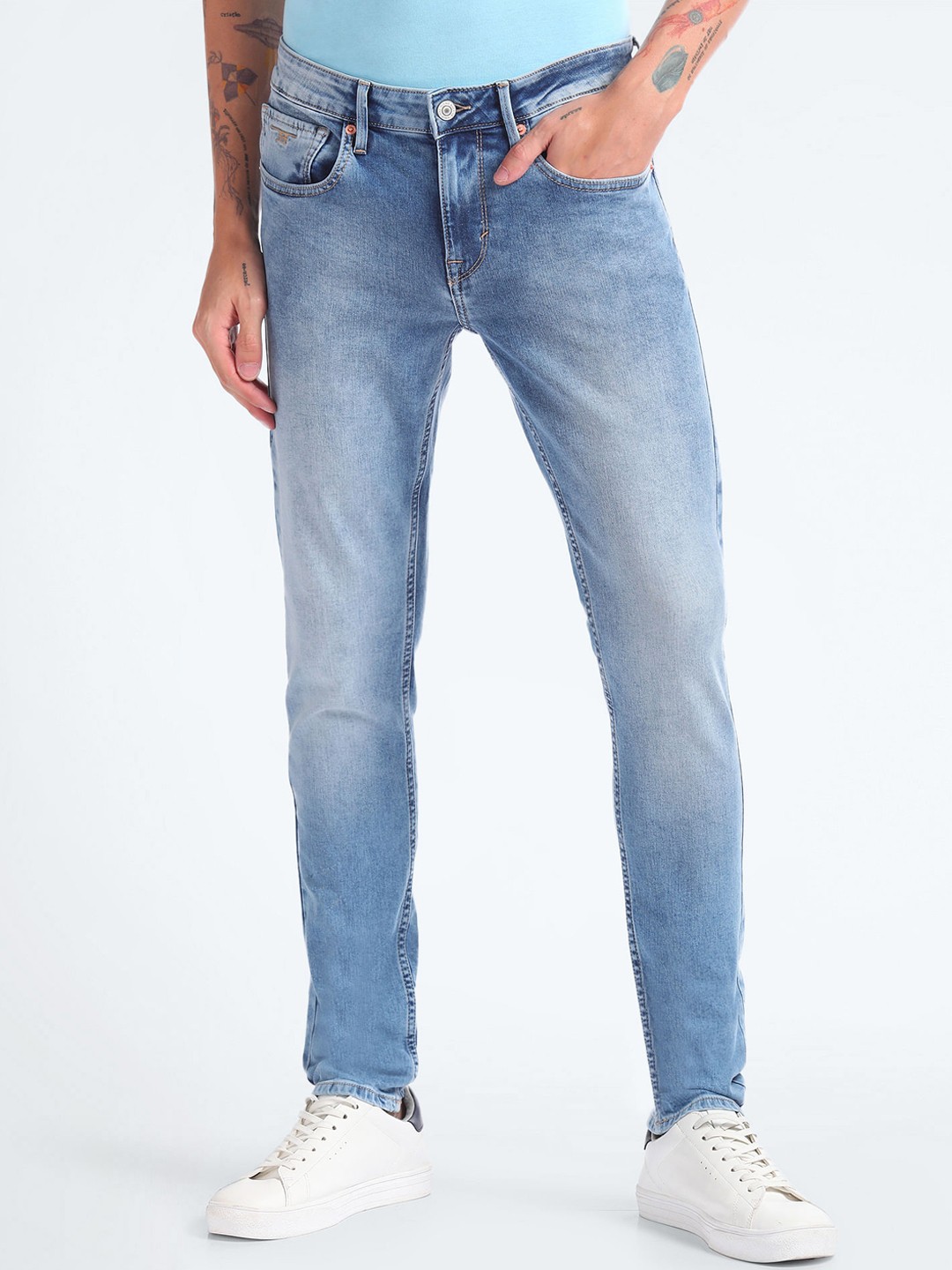 

Flying Machine Men Jackson Super Skinny Fit Low-Rise Heavy Fade Stretchable Jeans, Blue