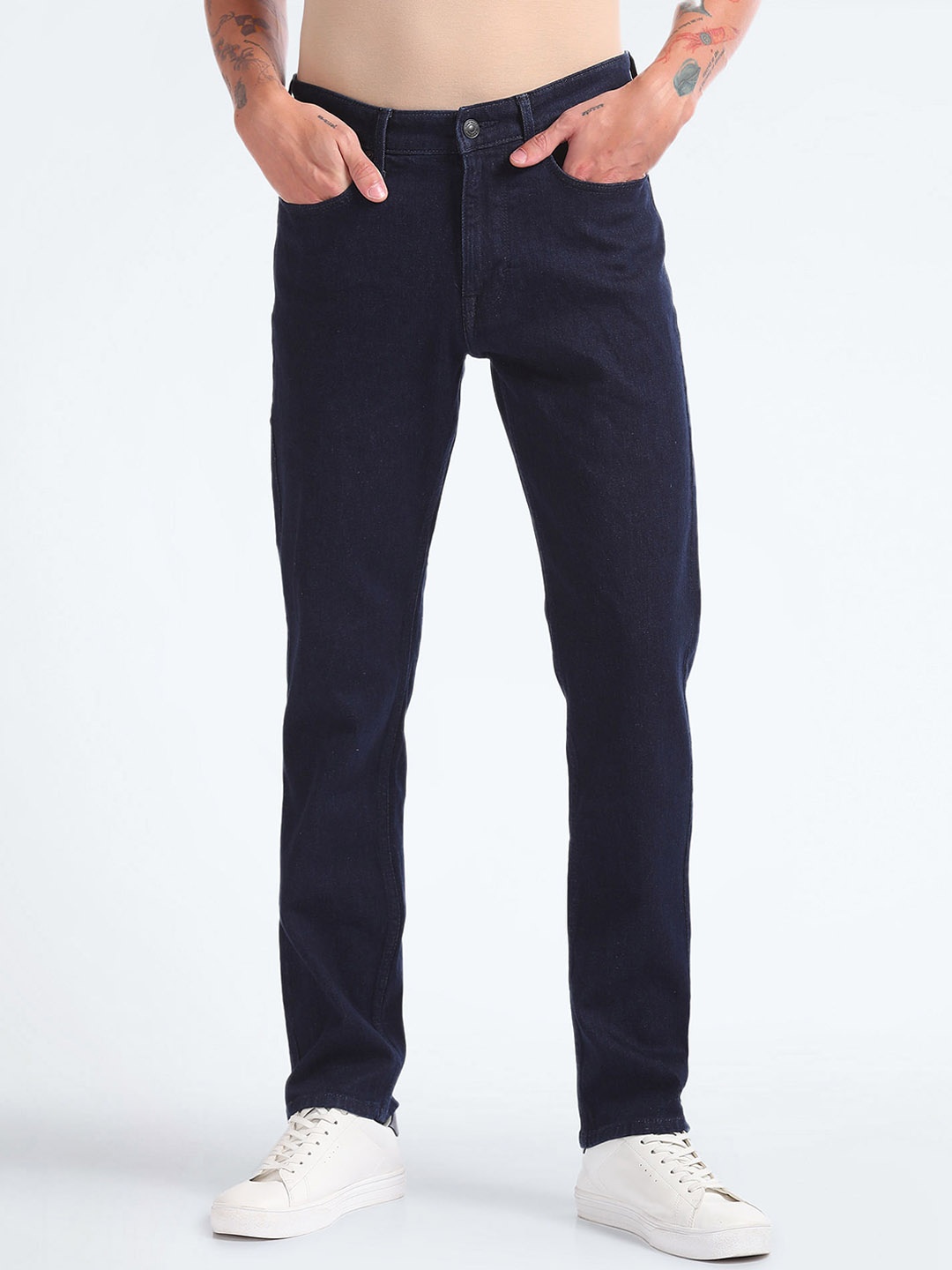 

Flying Machine Men Straight Fit Clean Look Stretchable Rinsed Jeans, Blue