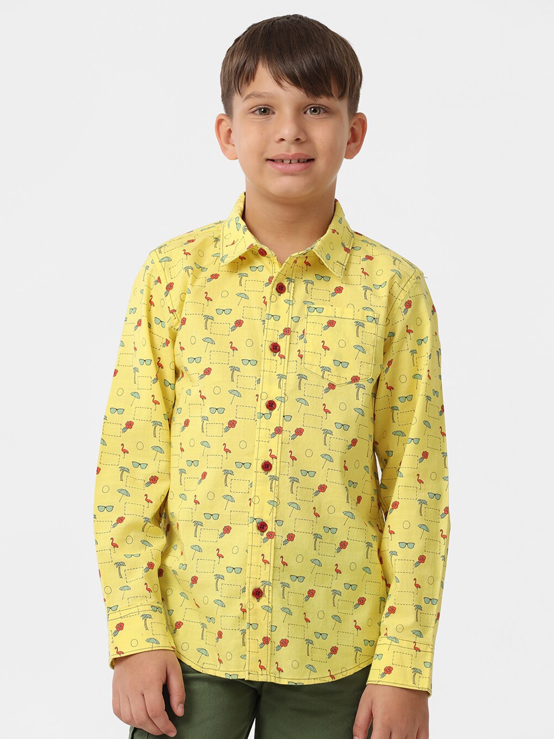 

KATE & OSCAR Boys Smart Conversational Printed Cotton Casual Shirt, Yellow
