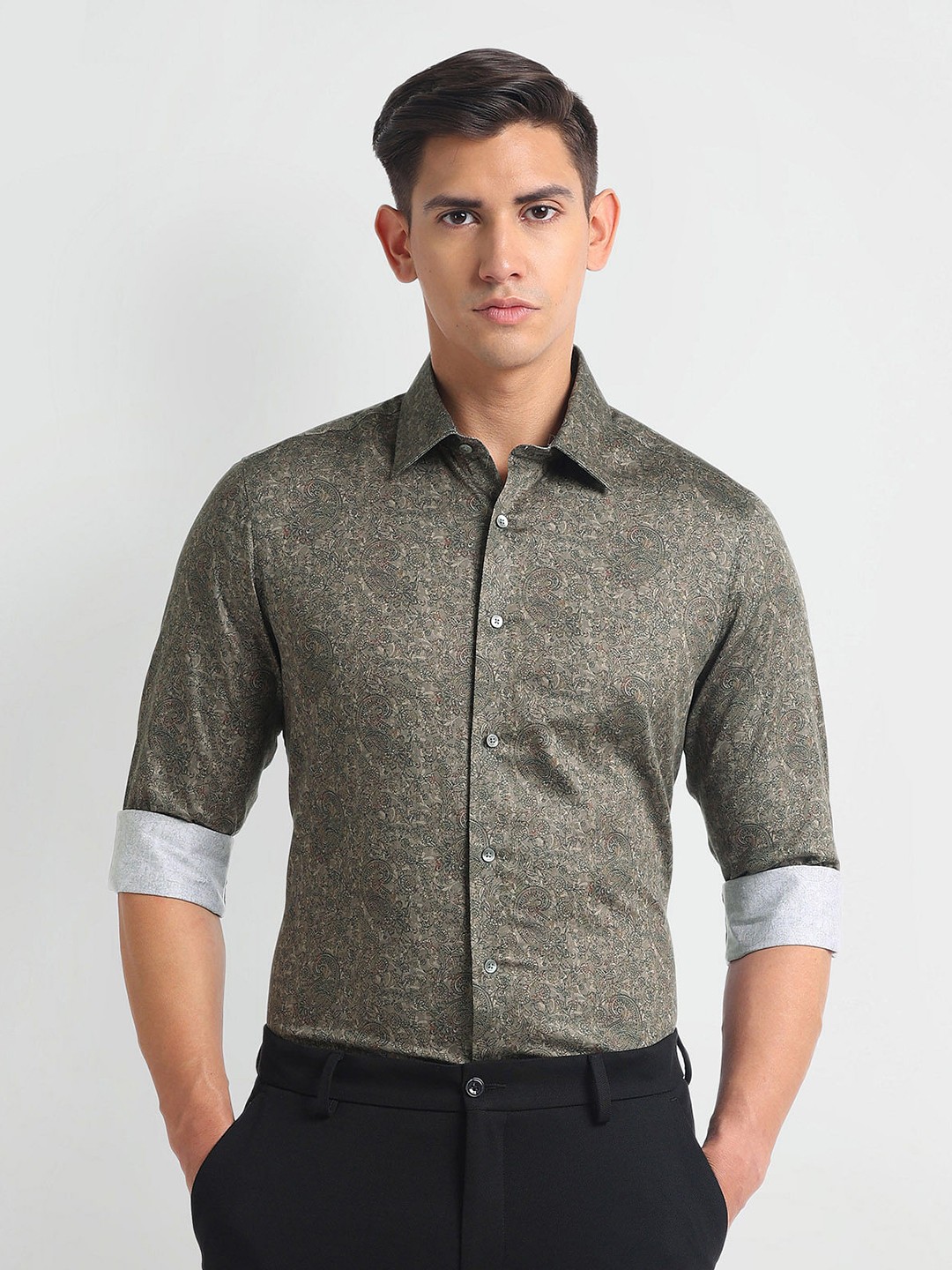 

Arrow Ethnic Motifs Printed Pure Cotton 1851 Formal Shirt, Green