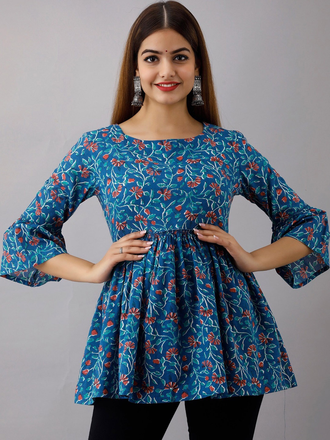 

BAIRAJ Floral Printed Round Neck Bell Sleeve Cotton Empire Top, Blue