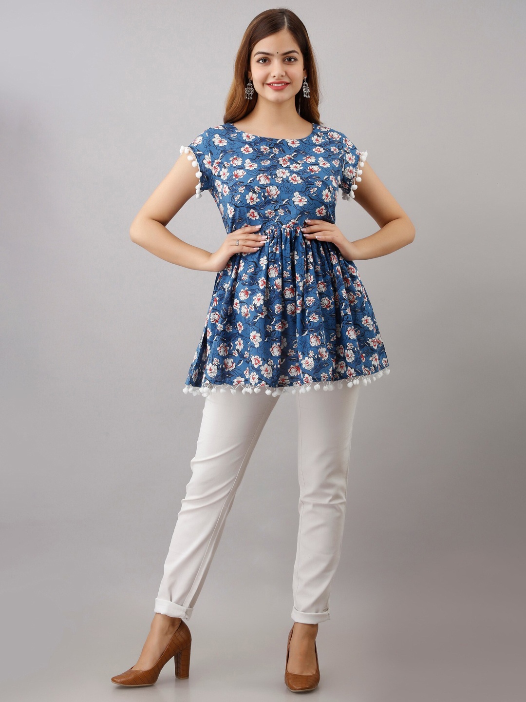 

BAIRAJ Floral Printed Gathered Cotton A-line Top, Blue