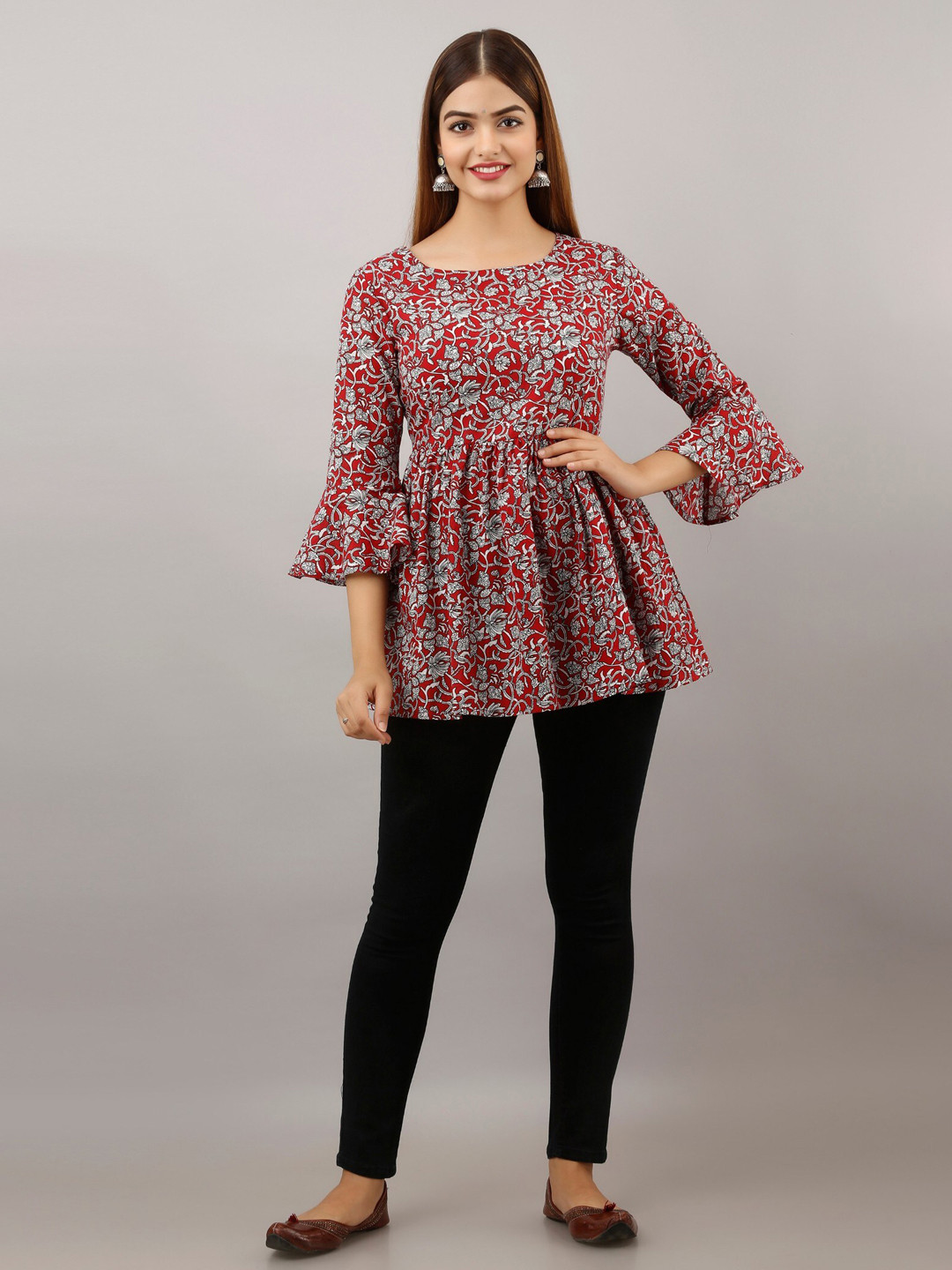 

BAIRAJ Floral Printed Round Neck Bell Sleeve Cotton Empire Top, Grey