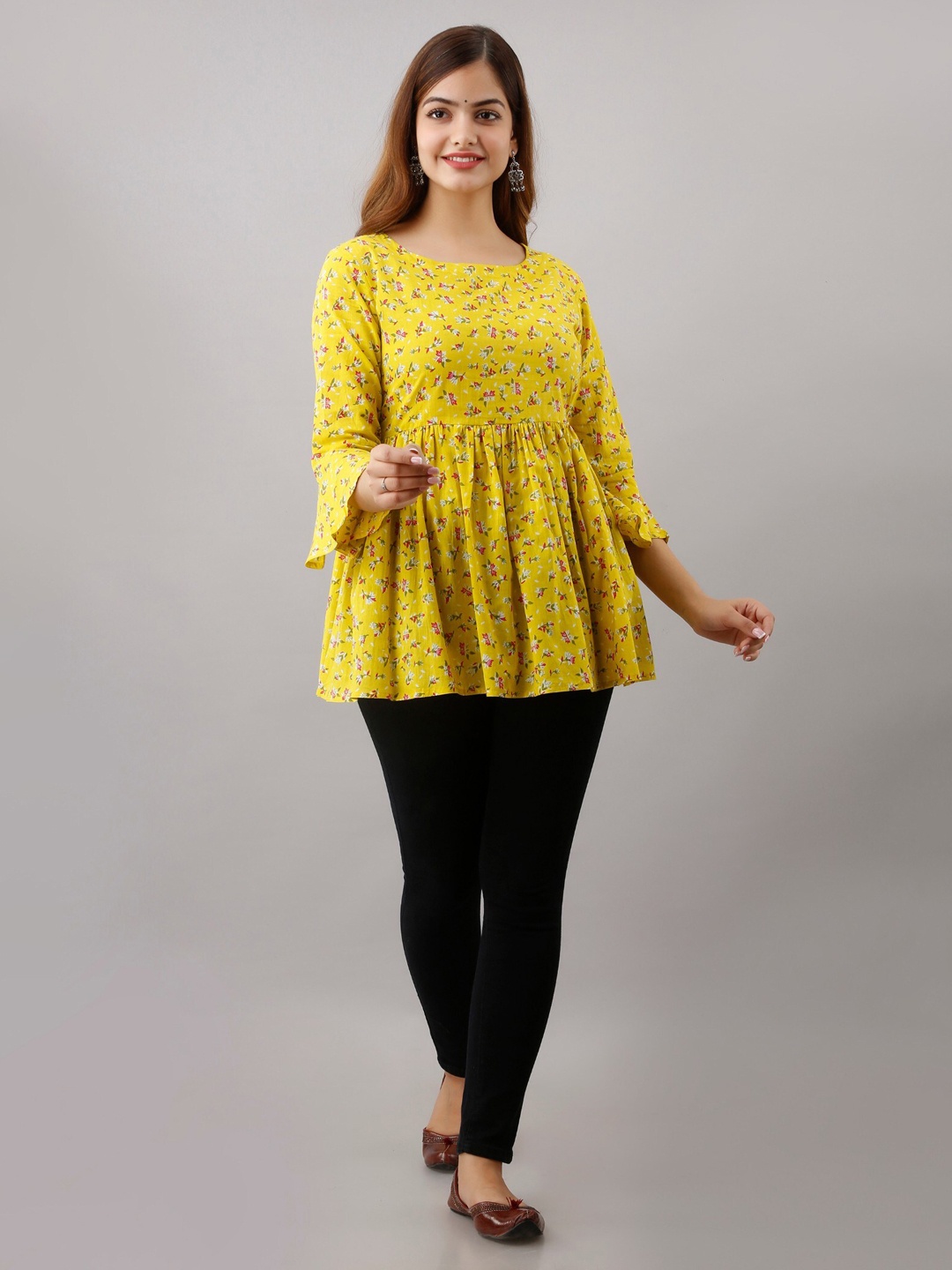 

BAIRAJ Floral Printed Bell Sleeves Cotton A-line Top, Yellow
