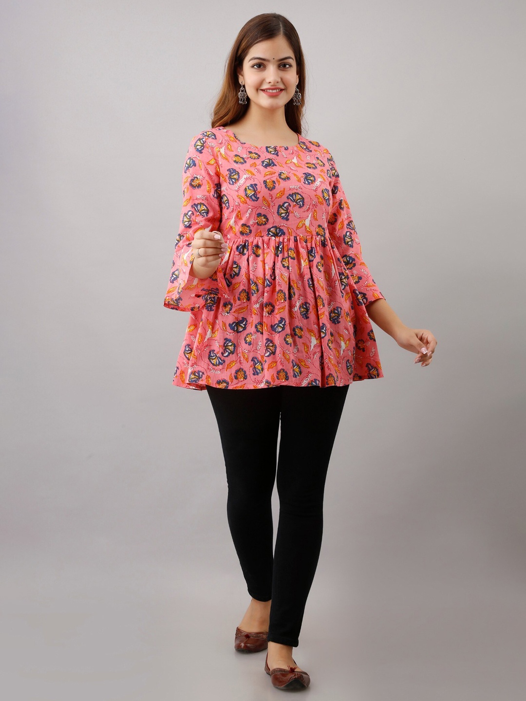 

BAIRAJ Floral Printed Bell Sleeves Cotton A-Line Top, Pink