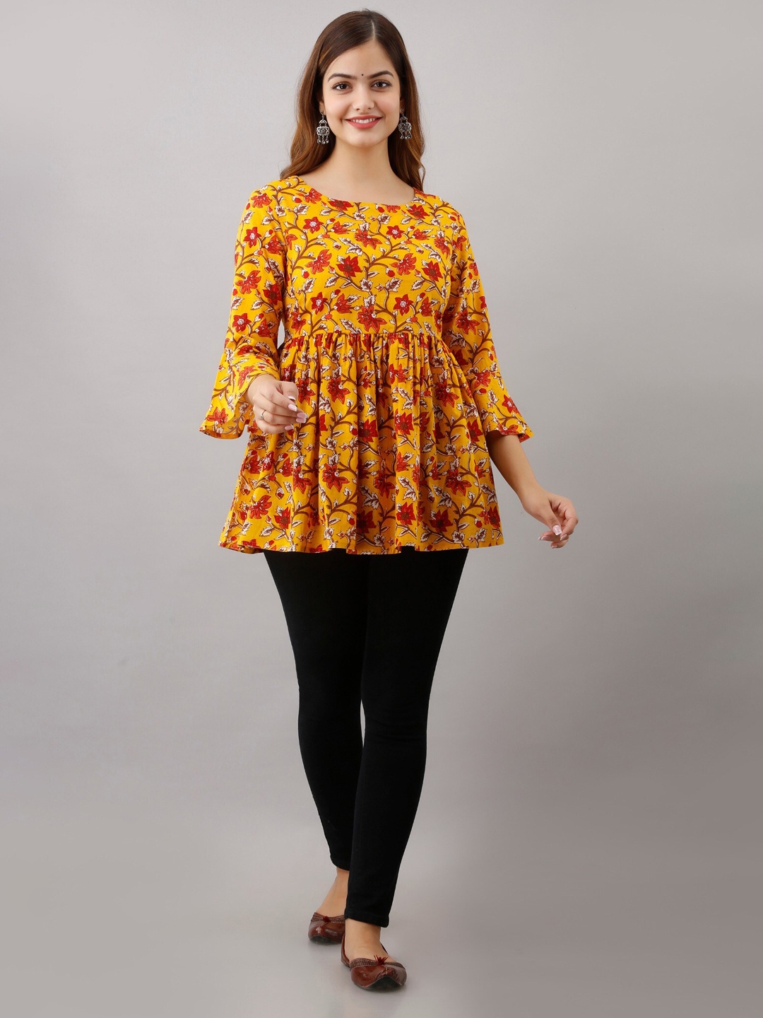 

BAIRAJ Floral Printed Round Neck Bell Sleeve Cotton A-Line Top, Yellow