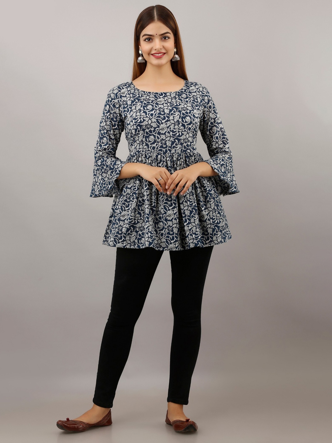 

BAIRAJ Floral Printed Bell Sleeves Pleated Cotton A-line Top, Navy blue