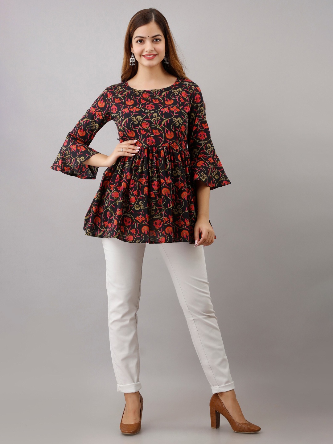 

BAIRAJ Floral Printed Bell Sleeves Cotton A-Line Top, Black