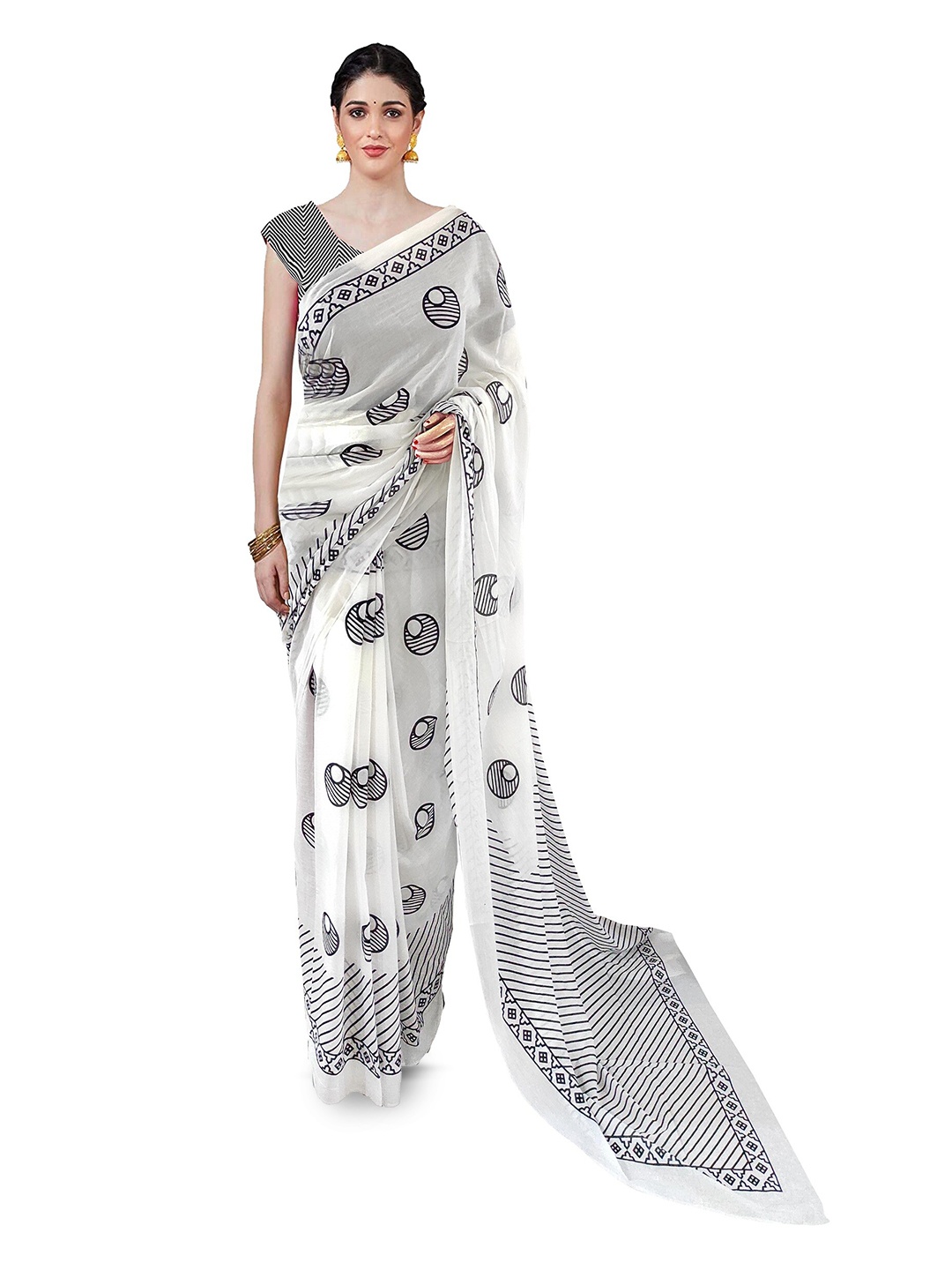 

NIKHILAM Pure Cotton Block Print Saree, White