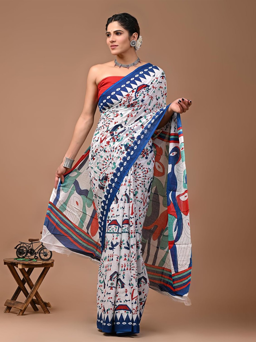 

NIKHILAM Warli Pure Cotton Bagru Saree, Blue
