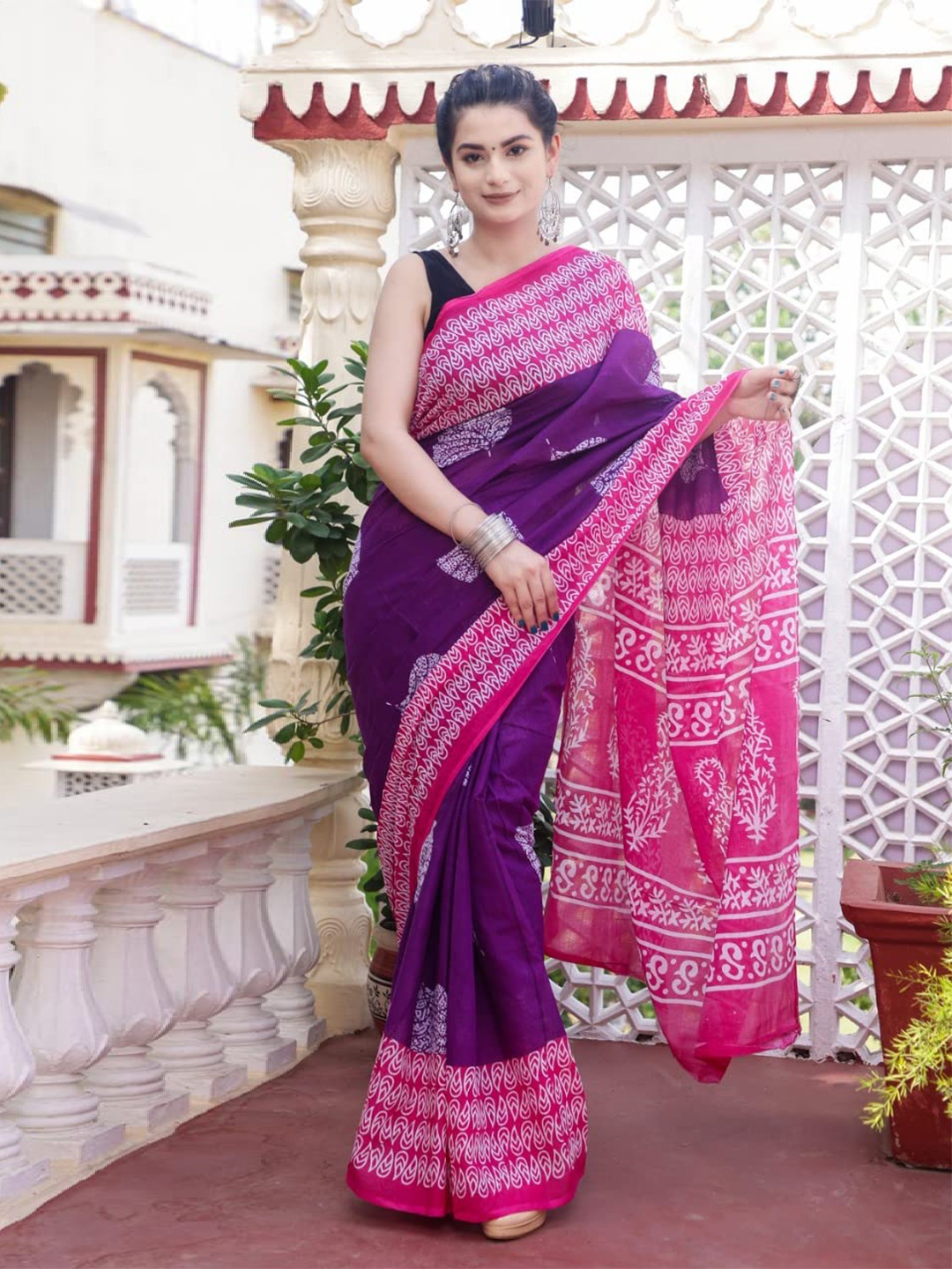 

NIKHILAM Ethnic Motifs Pure Cotton Block Print Saree, Pink