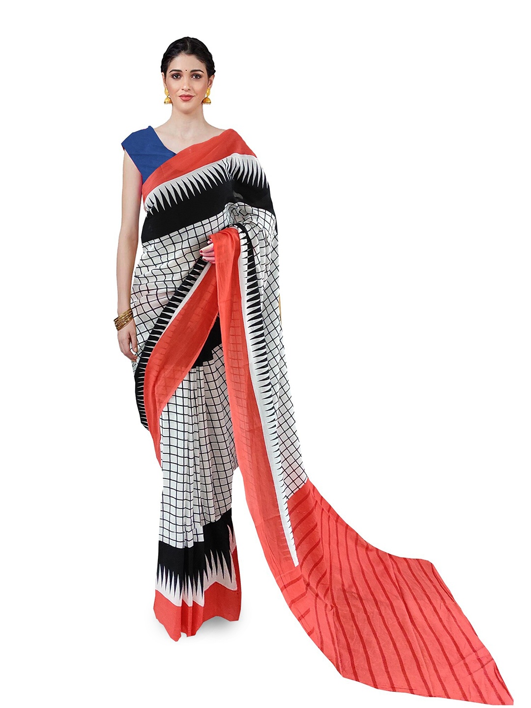 

NIKHILAM Checked Pure Cotton Block Print Saree, Black