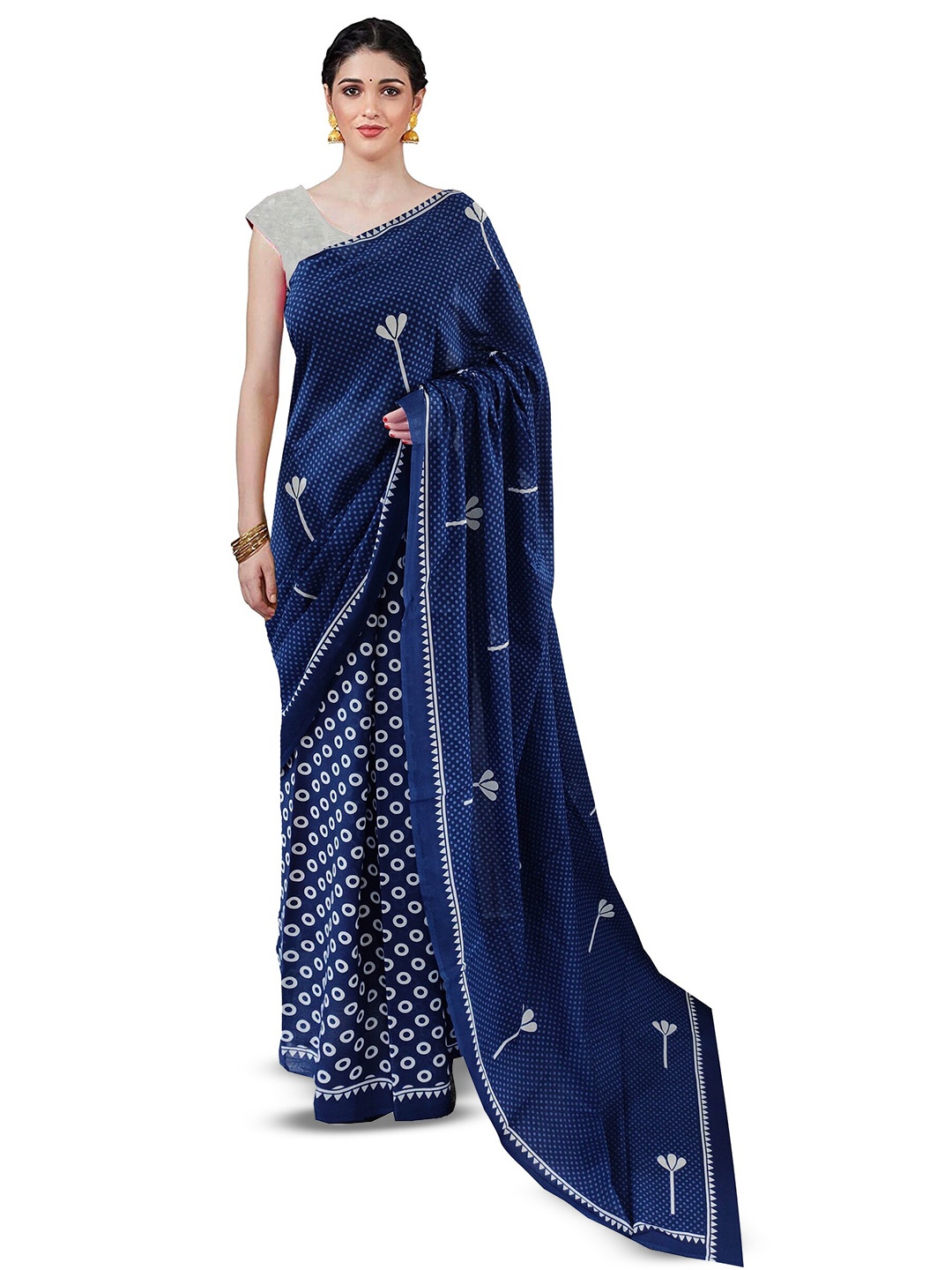 

NIKHILAM Floral Pure Cotton Half and Half Block Print Saree, Blue