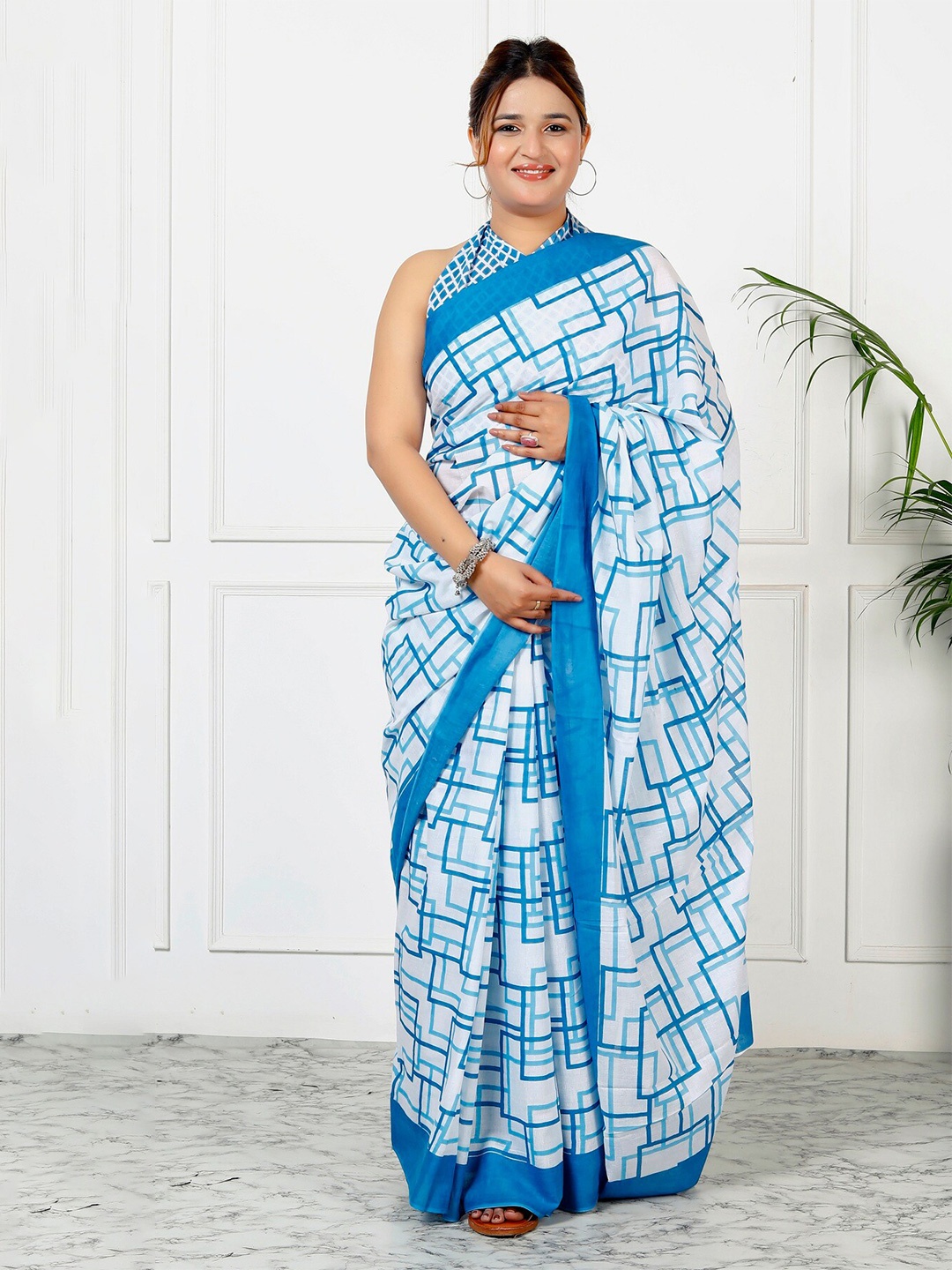 

NIKHILAM Pure Cotton Bagru Saree, Blue