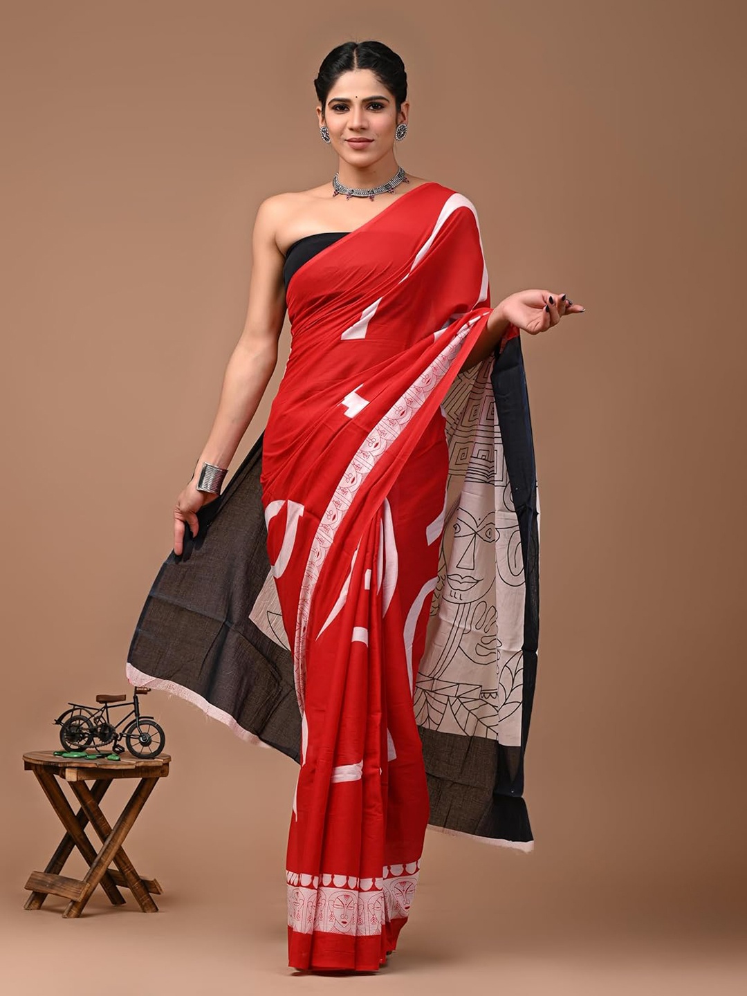 

NIKHILAM Pure Cotton Bagru Saree, Red