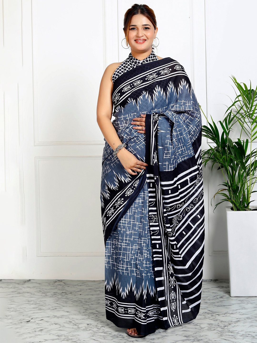 

NIKHILAM Pure Cotton Block Print Saree, Blue