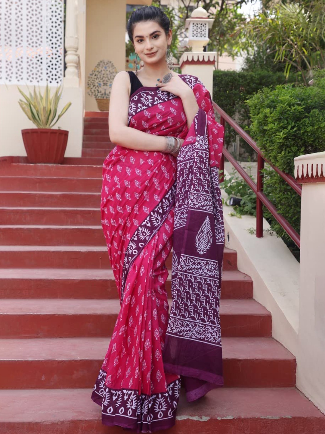 

NIKHILAM Ethnic Motifs Pure Cotton Block Print Saree, Pink