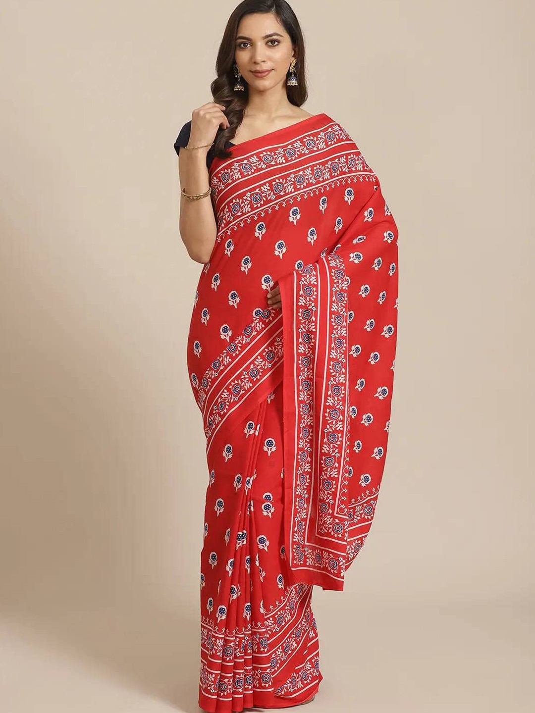 

NIKHILAM Ethnic Motifs Pure Cotton Bagru Saree, Red