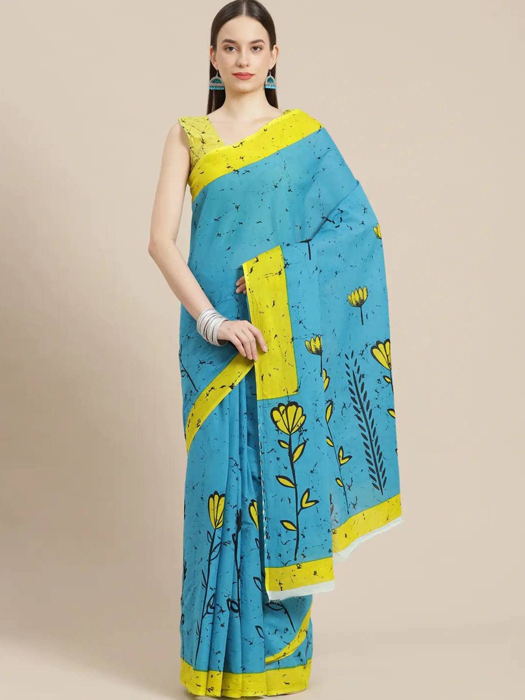 

NIKHILAM Floral Pure Cotton Bagru Saree, Blue