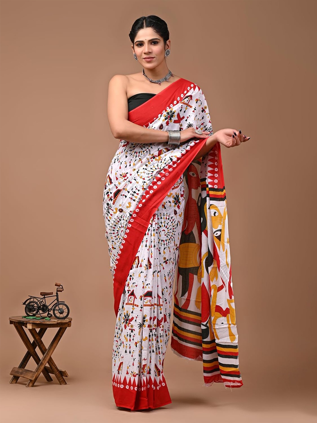 

NIKHILAM Pure Cotton Bagru Saree, White