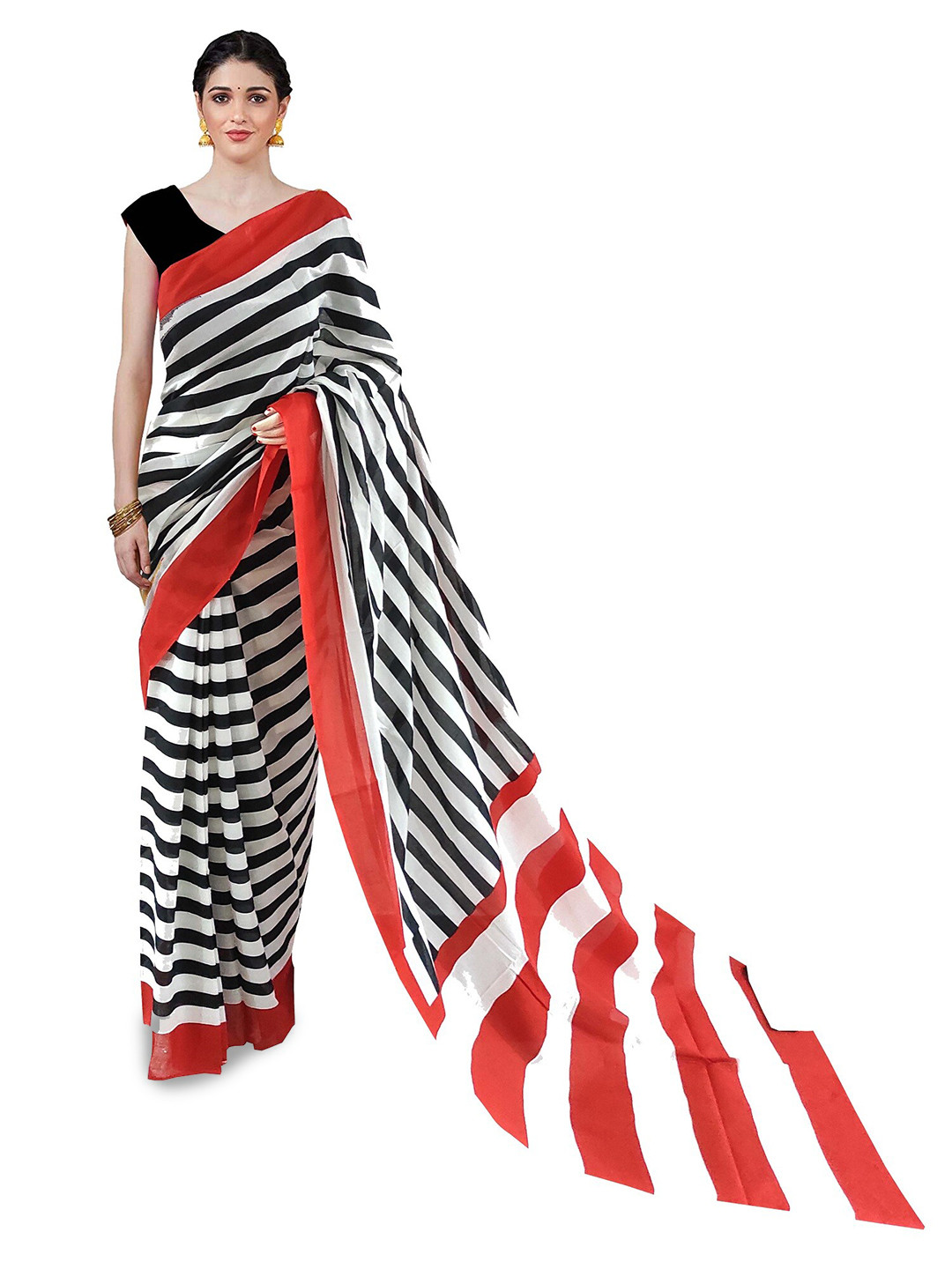 

NIKHILAM Striped Pure Cotton Block Print Saree, White