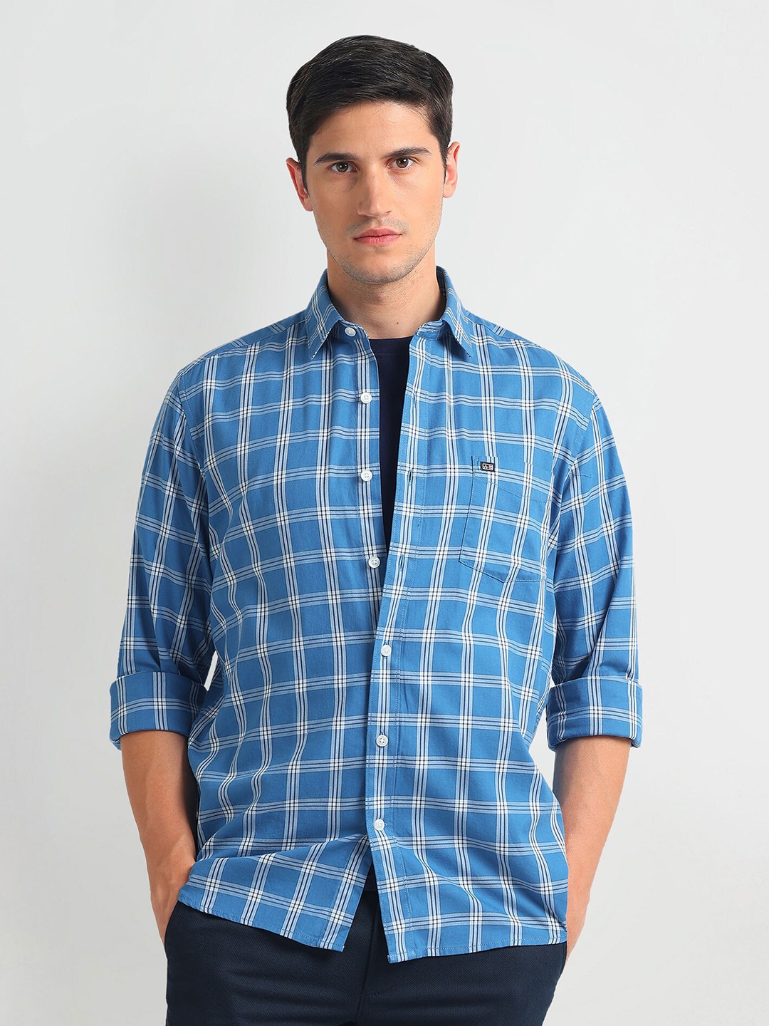 

Arrow Sport Slim Fit Checked Twill Weave Pure Cotton Casual Shirt, Blue