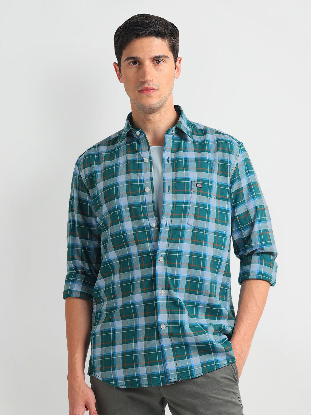 

Arrow Sport Slim Fit Tartan Checks Pure Cotton Casual Shirt, Green