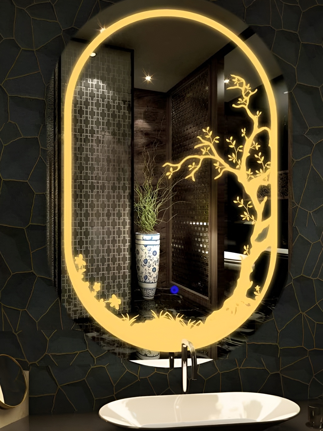 

SMILESELLERS Beautiful Modern Yellow Patterned Oval LED Mirrors