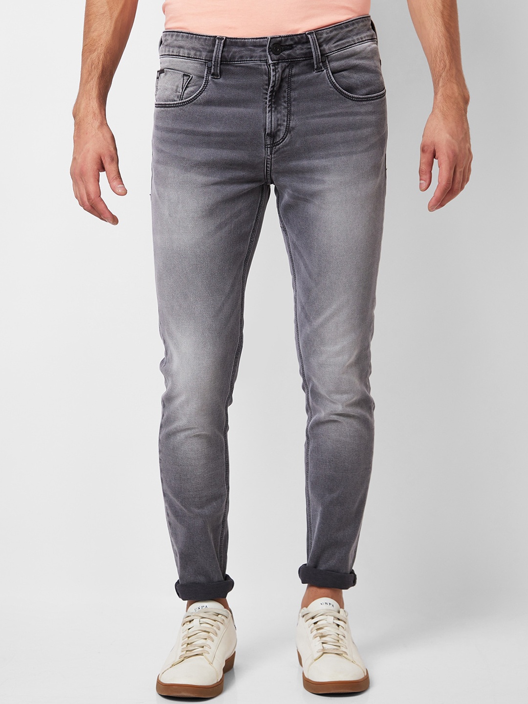 

SPYKAR Men Slim Fit Low-Rise Clean Look Heavy Fade Whiskers Stretchable Jeans, Grey