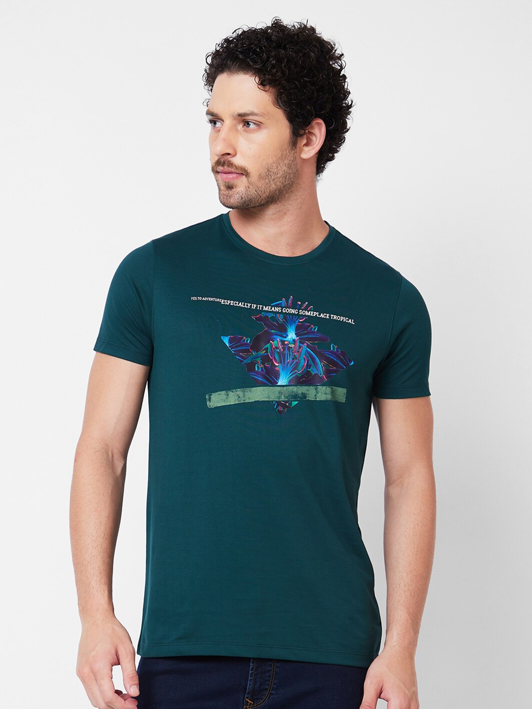 

SPYKAR Typography Printed Round Neck Slim Fit Cotton T-shirt, Green